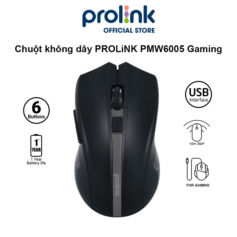 Chuột không dây PROLiNK PMW6005 kiểu dáng Gaming, tiết kiệm pin, độ nhạy cao dành cho PC, Laptop