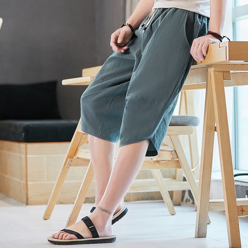 Quần harem bảy tấc vải cotton lanh mỏng ống rộng phong cách Trung Hoa thời trang mùa hè size lớn dành cho bạn nam