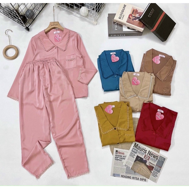 Bộ Pijama Chất Lụa Latin Trơn Viền Ren Mặc Nhà Cao Cấp