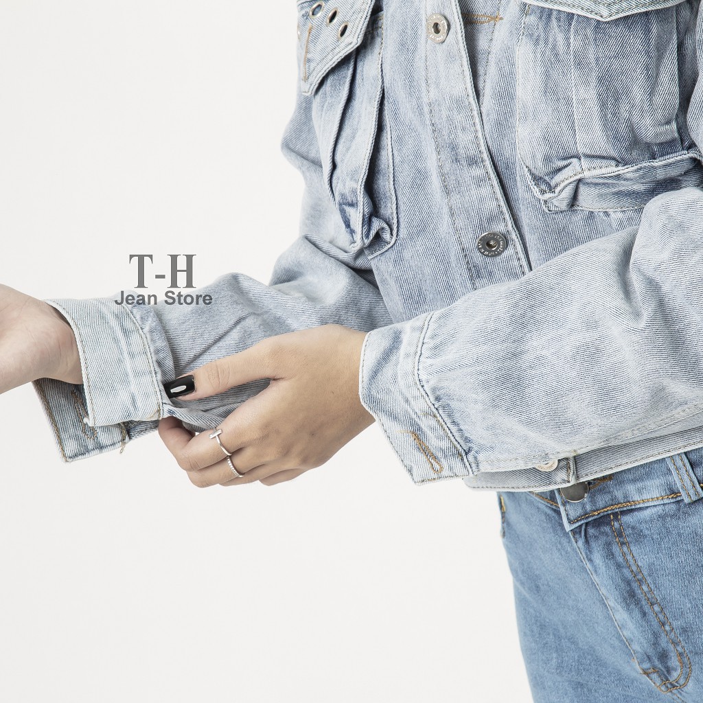 Áo khoác jean nữ TH Store túi hộp đục lỗ bò cao cấp cá tính phong cách ulzzang chống nắng