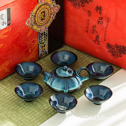 Bộ Ấm Trà Gốm Sứ Men Xanh Cao Cấp 6 Chén - Kèm Hộp Qùa Tặng