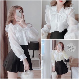 Áo sơ mi nữ phối bèo nơ cổ, sơ mi công sở dài tay nữ tính