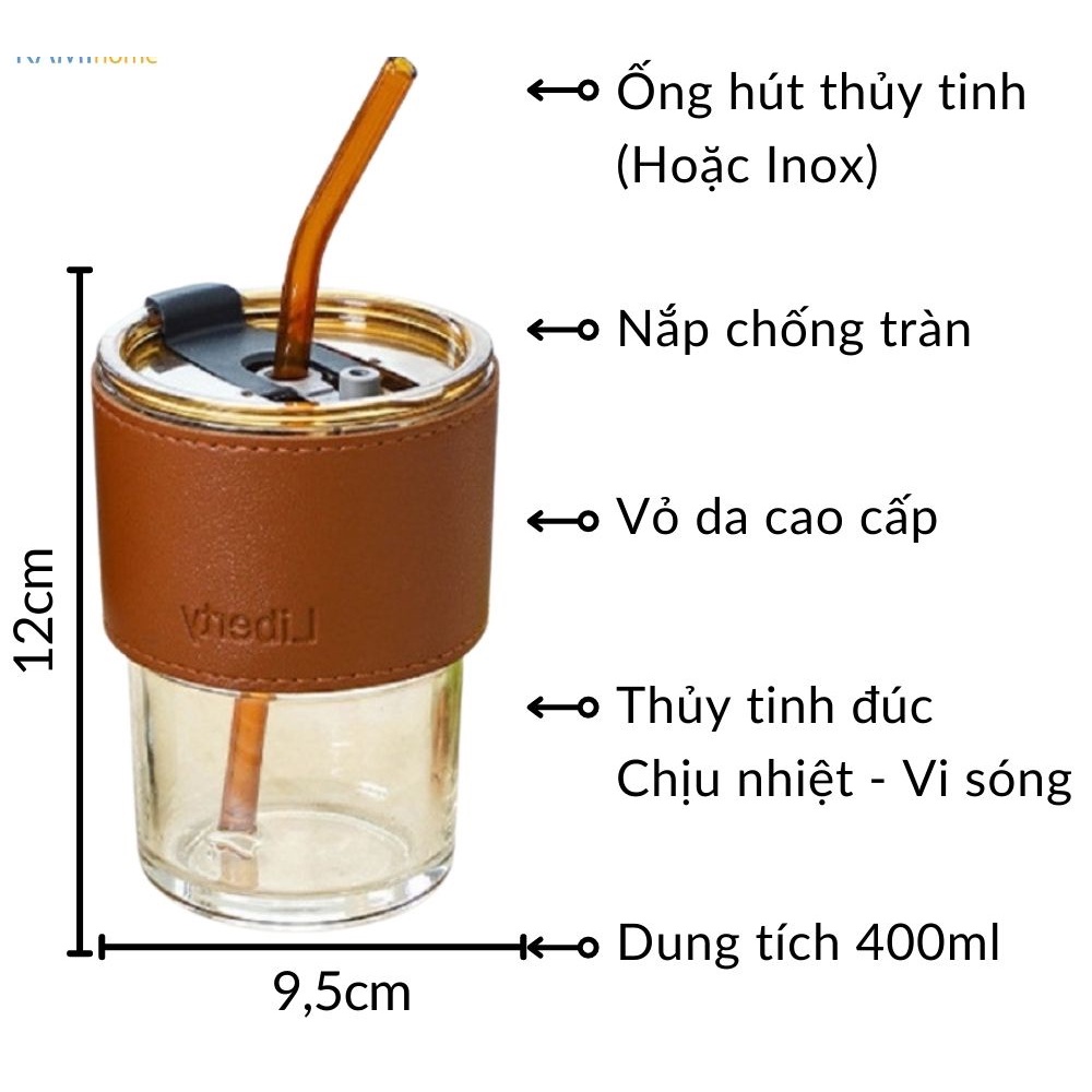 [Hàng Mới] Ly thủy tinh uống nước (kèm Vỏ da + Nắp + Ống Hút) màu hổ phách chịu nhiệt nóng lạnh 400ml