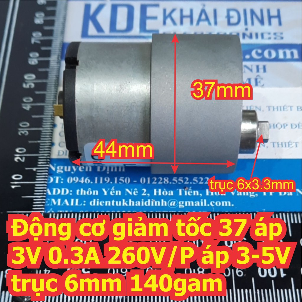 Động cơ giảm tốc 37 áp thấp 3V 0.3A 260V/P áp 3-5V trục 6mm vát 2 bên dài 4mm 140gam kde7324