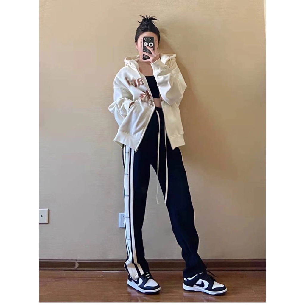 【ZHELIHANGFEI】Quần Thể Thao Lưng Cao Ống Rộng Họa Tiết Kẻ Sọc Phong Cách Đường Phố