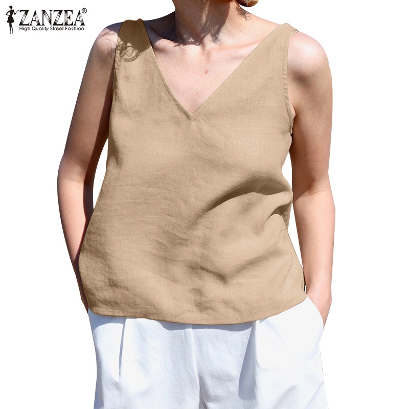 Áo kiểu ZANZEA sát nách cổ chữ V thời trang mùa hè dành cho nữ