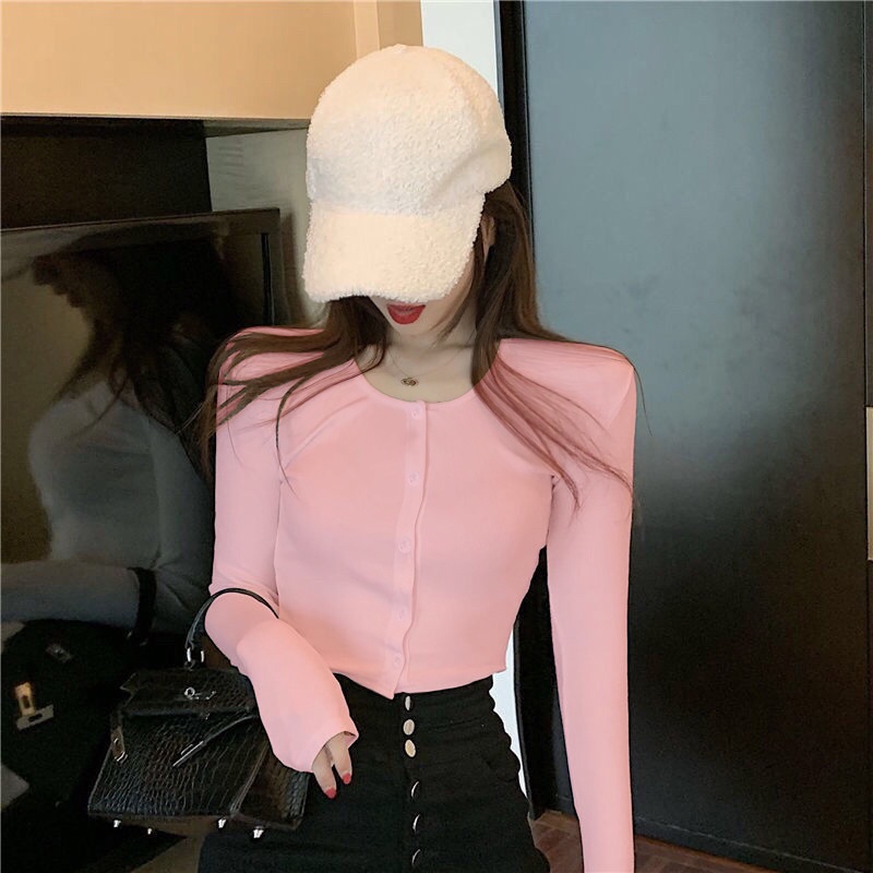 Áo Croptop dài tay dáng ôm body khóa cúc Madela,Croptop Nữ dài tay chất liệu thun cotton dày dặn