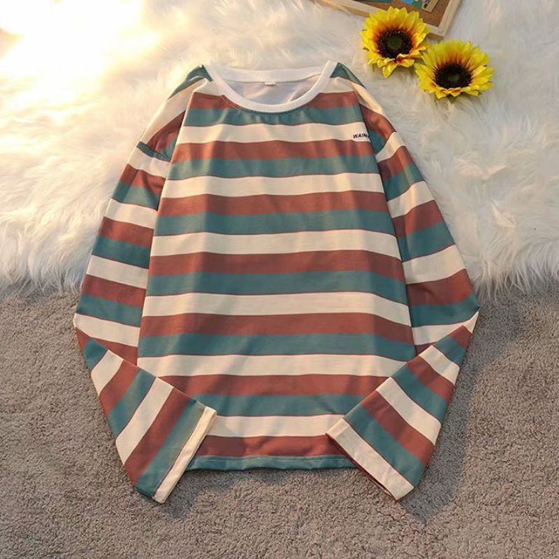 Áo thun tay dài cổ tròn dáng rộng họa tiết kẻ sọc thời trang Hàn Quốc trẻ trung dành cho nam