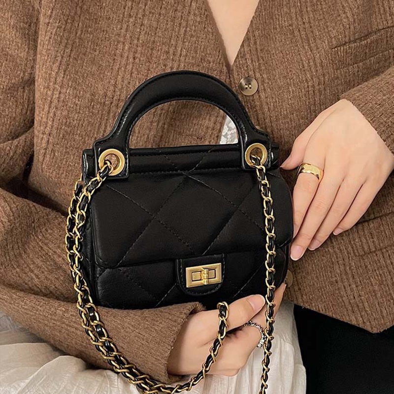 Túi xách IELGY nhỏ đeo chéo vai có khóa phối dây xích và họa tiết hình thoi sang trọng cho nữ