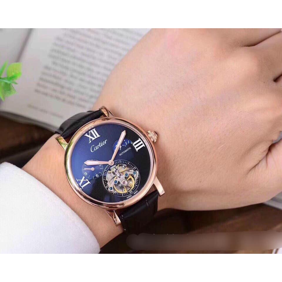 Đồng hồ Nam Catier hở vành tóc trăng sao size 41mm dây da mặt đen vỏ vàng hồng