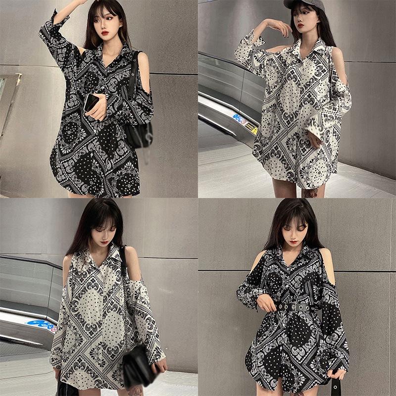 Áo sơ mi tay dài hở vai in họa tiết độc đáo phong cách Hàn Quốc retro