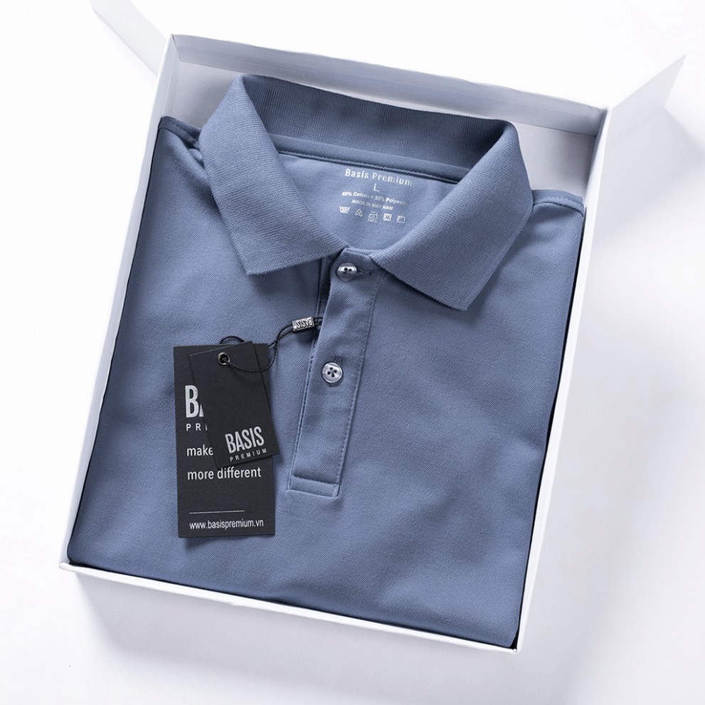 Áo polo trơn màu xanh da trời denim, chất liệu cotton gai cao cấp, BASIS 22_XANHDENIM