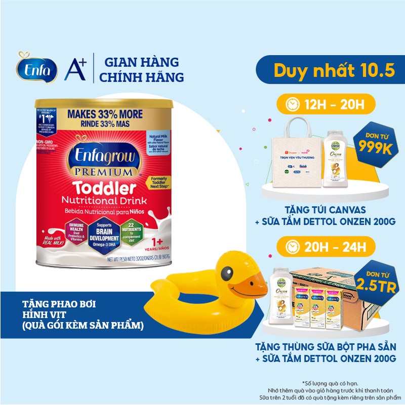 [Tặng Phao Bơi Hình Vịt Cho Bé][Nhập Khẩu Mỹ] Hộp Thức Uống Dinh Dưỡng Enfagrow Premium Toddler Hương Sữa Tự Nhiên- 907g