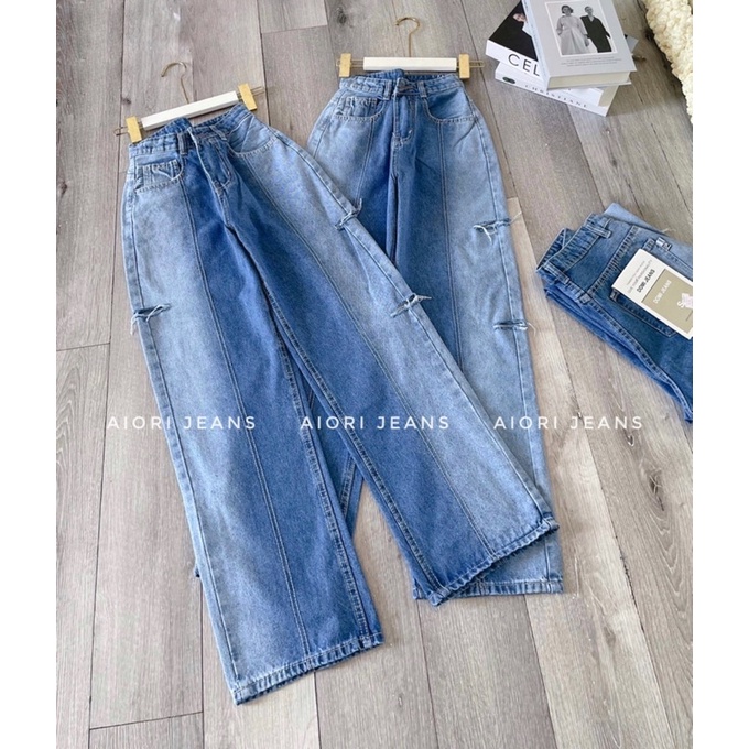 Quần Jean Ống Rộng AIORI Lưng Cao Loang Màu Rách Hông_A048