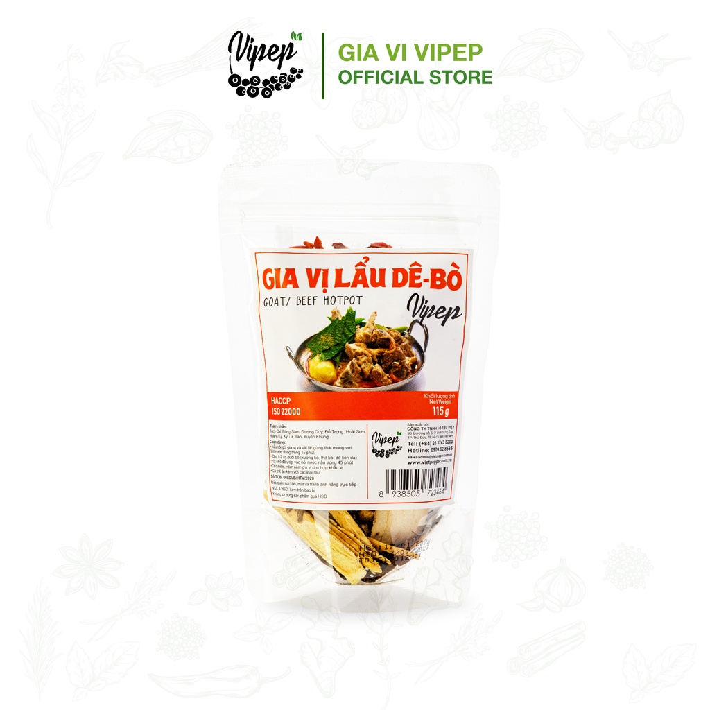 Gói gia vị nấu lẩu bò, dê Vipep 115g - gia vị ninh hầm quý hiếm (kỷ tử, đại táo, hạt sen, hoài sơn, đảng sâm..)