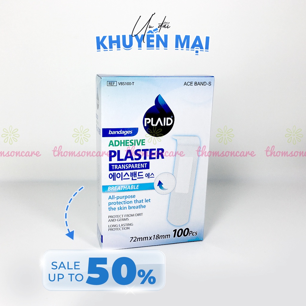 Băng cá nhân trong suốt Plaid Adhesive, băng dính vết thương thẩm mỹ, che mụn  hộp 100 miếng chống nước