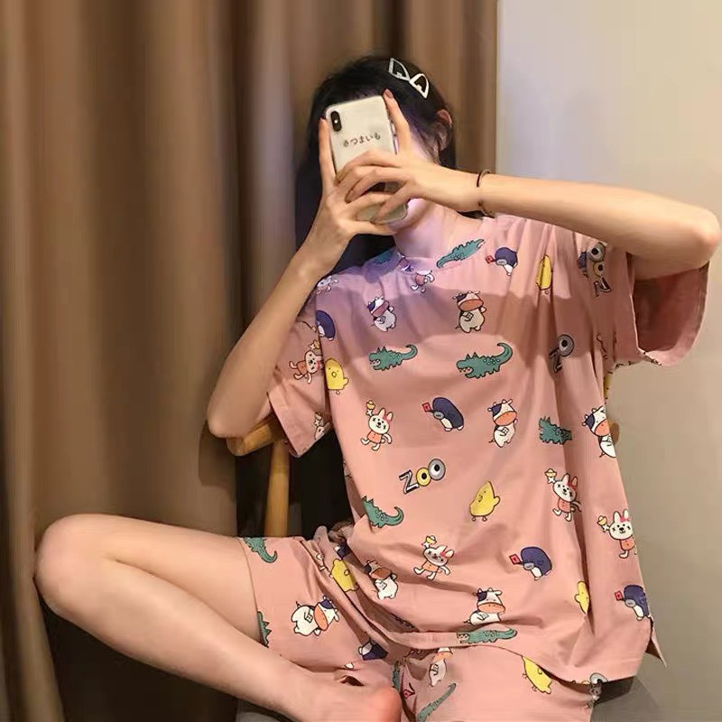 Set cộc tay in hình Zoo nhiều mẫu nữ - Bộ quần short thun, áo phông ngắn icon dễ thương Ulzzang HOT