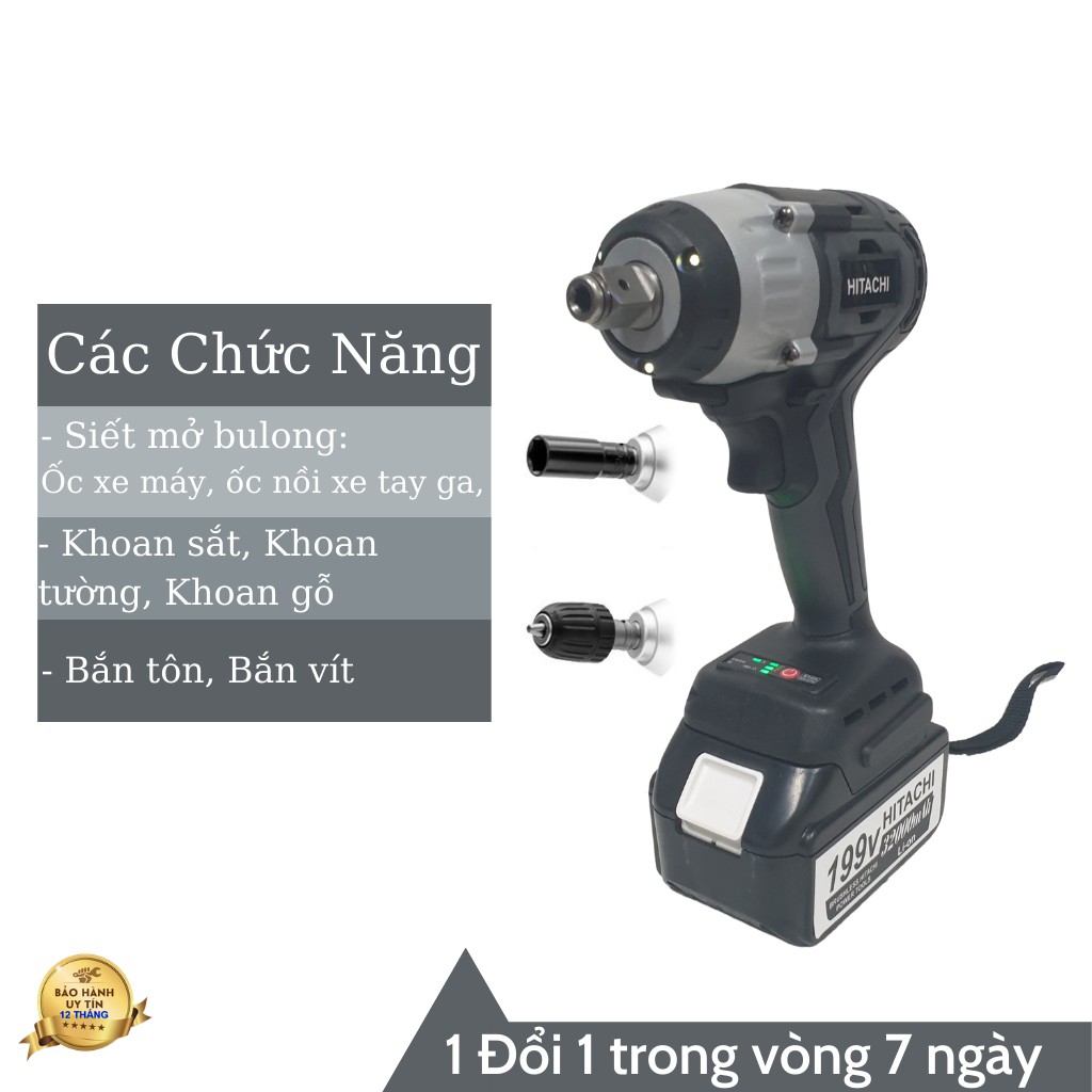 Máy Siết bulong Hitachi 199v - 2 PIN - Đầu 2 trong 1 - KHÔNG CHỔI THAN - TẶNG 1 ĐẦU CHUYỂN VÍT