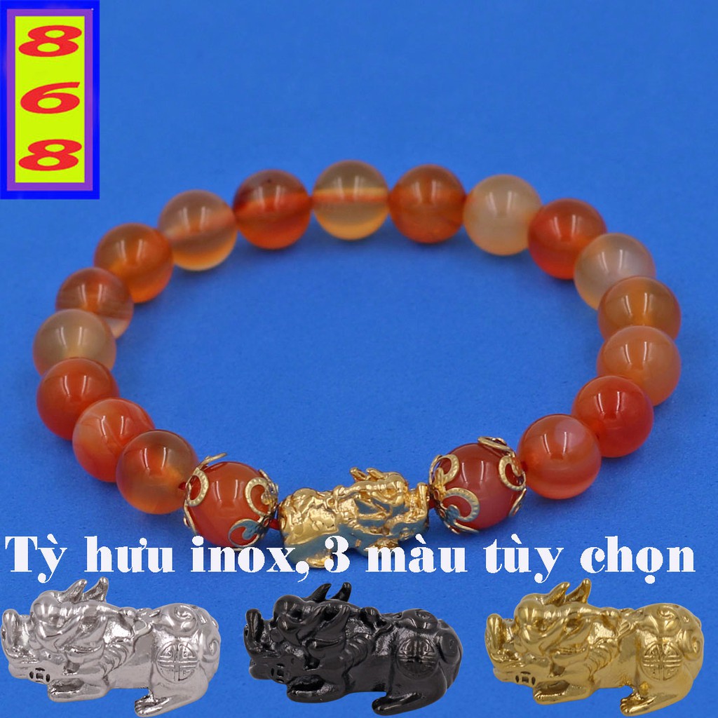Chuỗi tay Đá Tự Nhiên Cam Trơn 8 ly 4 khía Mix Tỳ Hưu inox VMNCTHBK8 - Hợp mệnh Hỏa, mệnh Thổ - Phong thủy 868
