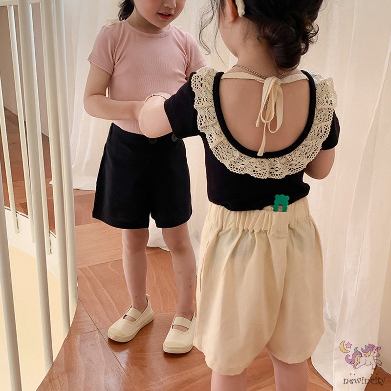 Áo Thun Tay Ngắn Phối Ren Và Nơ Dễ Thương Phong Cách Hàn Quốc Cho Bé Gái