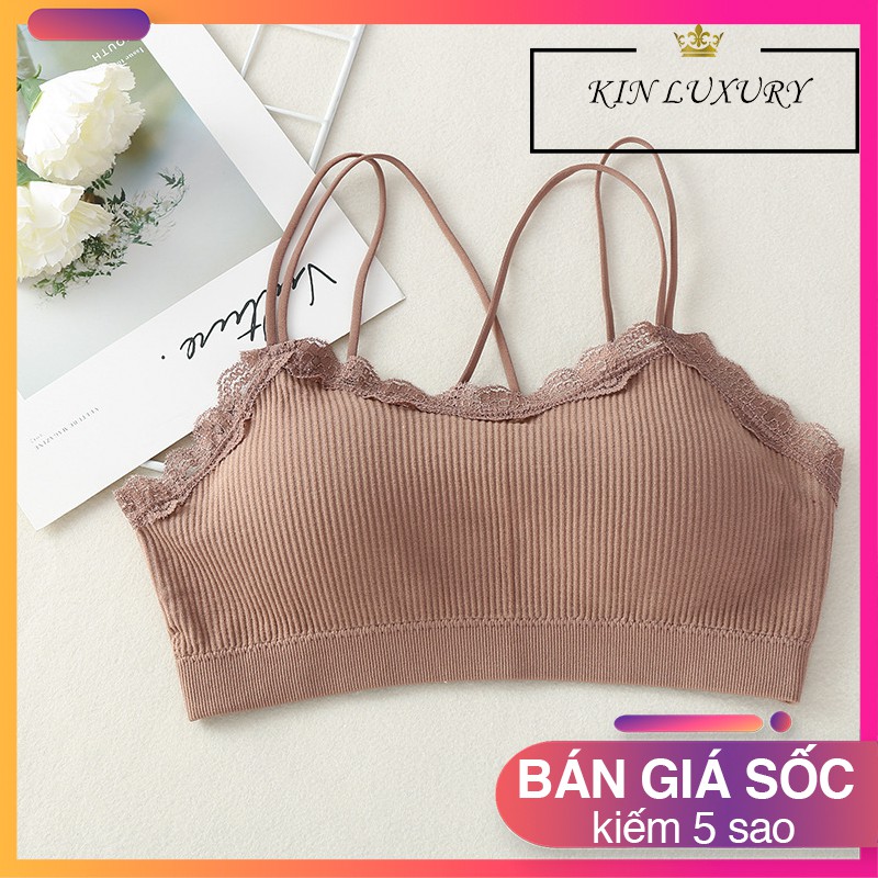 Áo bra nữ gân tăm phối ren hoa dây lưng đan chéo vải Cotton thoáng mát | BigBuy360 - bigbuy360.vn