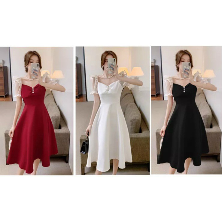 Đầm tiểu thư dáng dài đi chơi, đầm dự tiệc cưới siêu xinh với tà dáng dài cúp ngực phối tay phồng phong cách hàn quốc