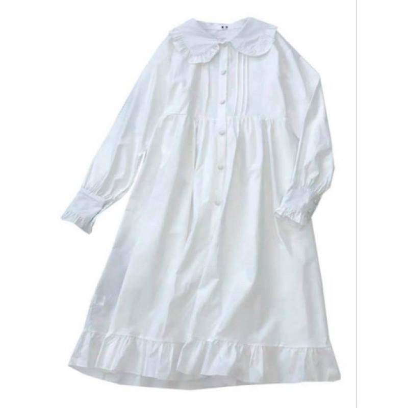 [Mã WAMT1505 giảm 10K đơn 0K] ĐẦM SƠ MI-Váy babydol trắng cổ sen đính cúc dài tay chất thô mềm