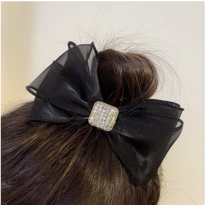 Dây buộc tóc nơ đính đá tiểu thư dễ thương màu đen be dây cột tóc cho nữ phong cách Hàn Quốc