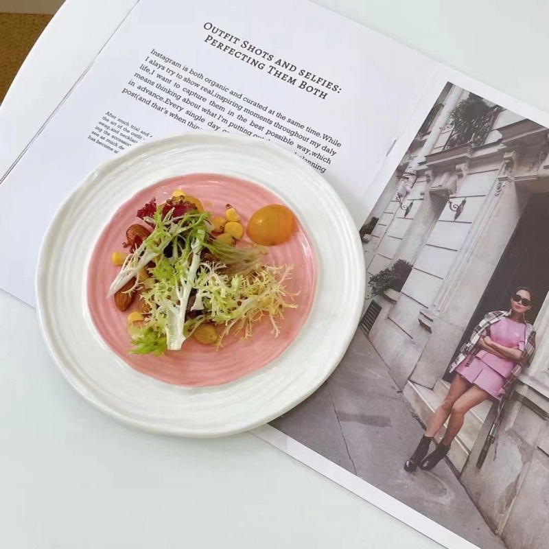 Đĩa sứ 2 màu pastel dĩa ăn đồ ngọt, hoa quả, đĩa sứ decor hồng vàng xanh