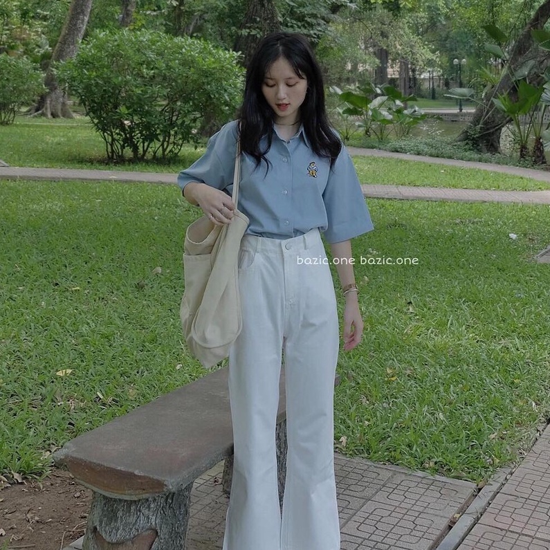 Áo sơ mi thêu gấu unisex tay lỡ be trắng xanh freesize vintage hàn quốc đi làm đi học ylydress C446