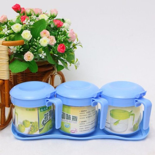 [ TẶNG MUỖNG ] BỘ 3 HŨ THỦY TINH ĐỰNG GIA VỊ KÈM KHAY
