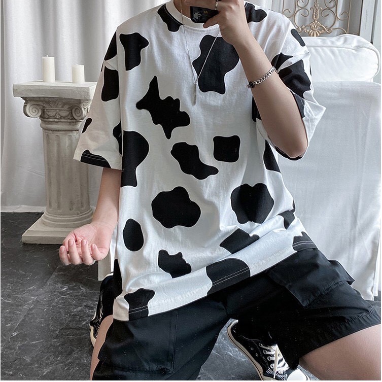 Áo Thun Tay Lở Unisex Loang Bò Sữa Chất Cotton Unisex Nam Nữ Form Rộng Hottrend basic tee phông oversize streetwear