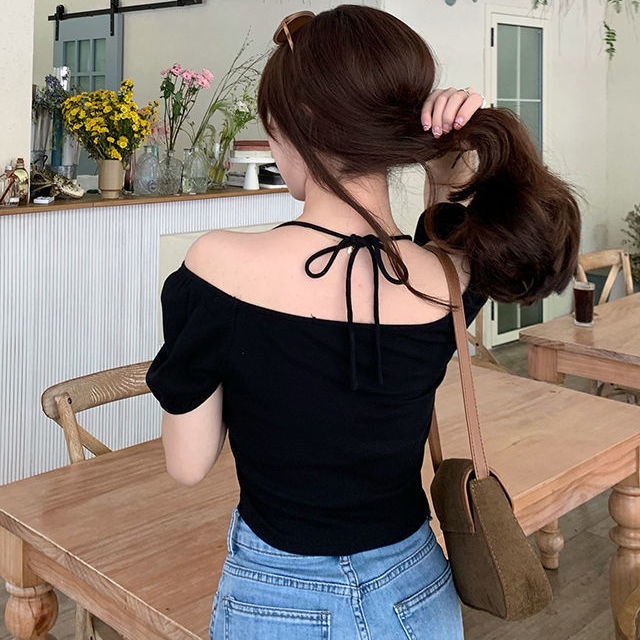 Áo thun COZOK ngắn tay kiểu cổ yếm xinh xắn phong cách Hàn Quốc