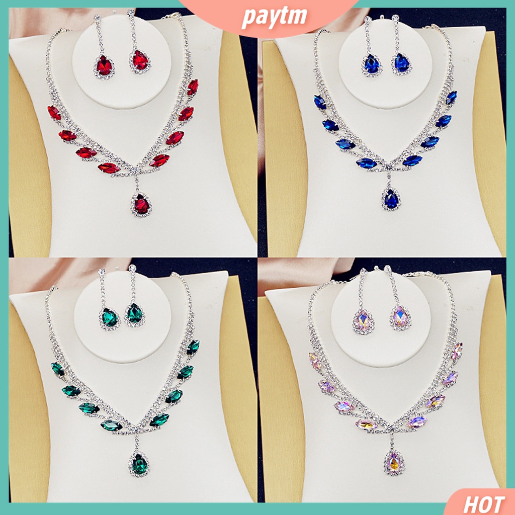 1 Bộ Vòng cổ + Bông Tai Mạ Điện Hình Giọt Nước Đính Đá Lấp Lánh Cho Cô Dâu