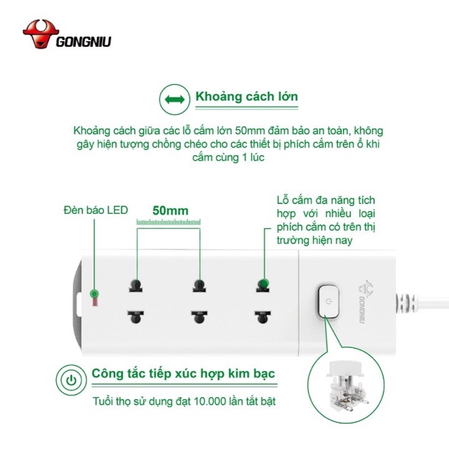 Ổ Cắm Điện Gongniu 3 Ổ 1 Công Tắc 2500W/10A Dây dài 3/5M (V1030) - Chính Hãng