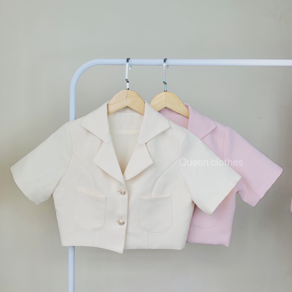 Set áo vest tay ngắn blazer croptop mix chân váy chữ A QUEEN CLOTHES chất linen bố gân có lót bên trong - LUNA SET QS001