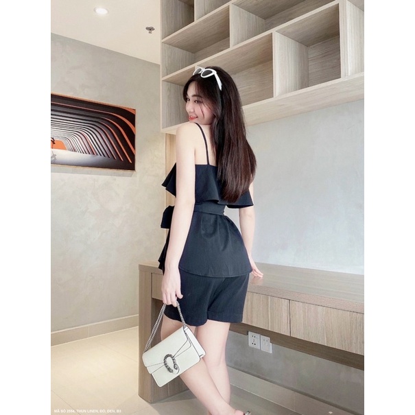 (Có size lớn) Set bộ 2 dây kiểu dáng peplum thắt nơ eo phối quần short ngắn LỤA LINEN cho bạn nữ dạo phố