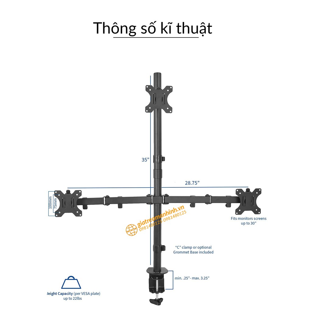 Giá Treo 3 Màn Hình M053 Cao Cấp 17-27 Inch / Tải Trọng 8Kg - Trụ 80Cm - Lắp Đặt Kẹp Bàn