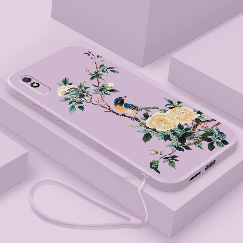 Ốp Điện Thoại TPU Mềm Họa Tiết Hoa Và Chim Có Dây Đeo Cho Redmi 9A 9C 9T