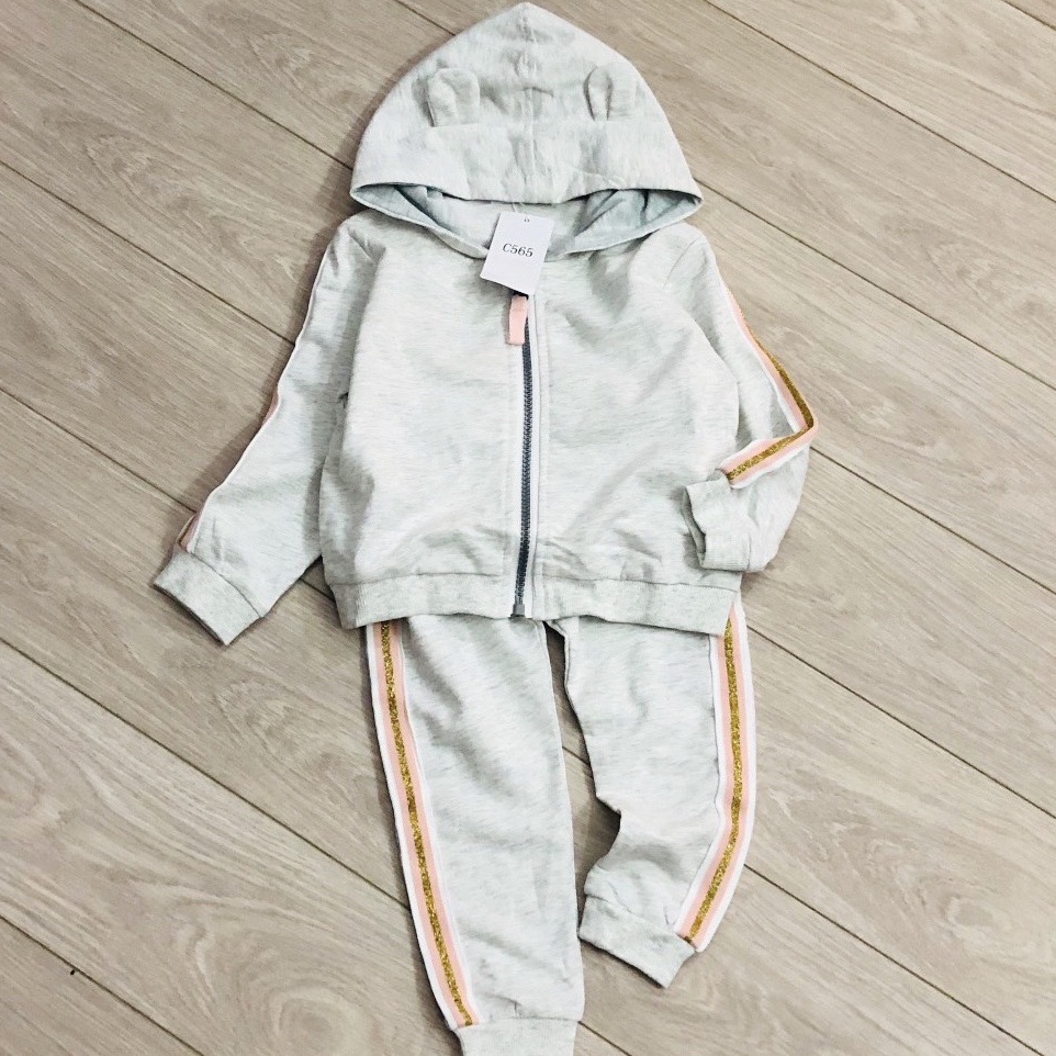 Bộ dài tay thu đông bé gái - Bộ khoác nỉ có mũ HM trơn cho bé gái size 1-6t