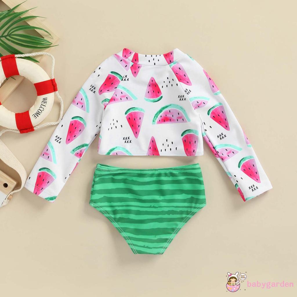 Bộ đồ bơi dành bé gái 2-6 tuổi gồm áo dài tay in họa tiết dưa hấu và quần bơi họa tiết sọc dễ thương