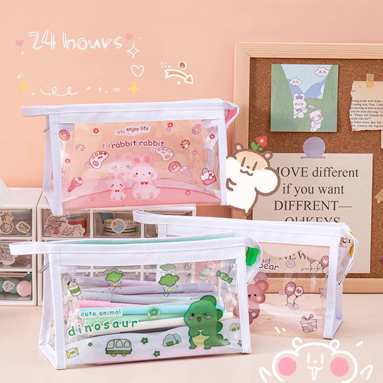 Hộp Bút Trong Suốt Cute Hình Gấu Dễ Thương, Đựng Mỹ Phẩm, Bút Viết
