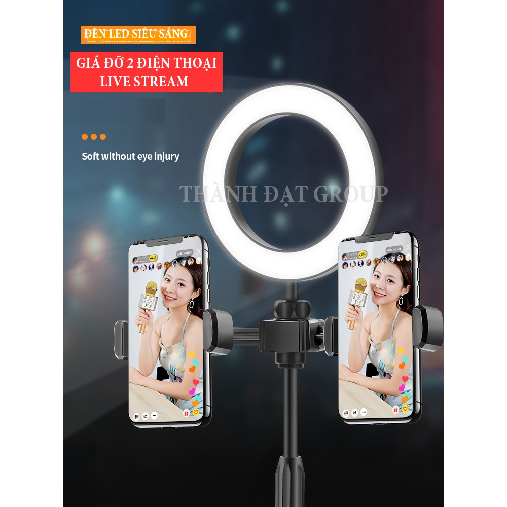 Giá Đỡ 2 Điện Thoại Có Đèn Led LiveStream, Kẹp Điện Thoại Để Bàn Quay Video Có Đèn Led 3 Màu