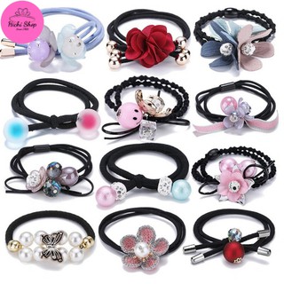 Set 12 dây buộc tóc, thun cột tóc đính hoa xinh xắn, chun buộc tóc co dãn cho nữ
