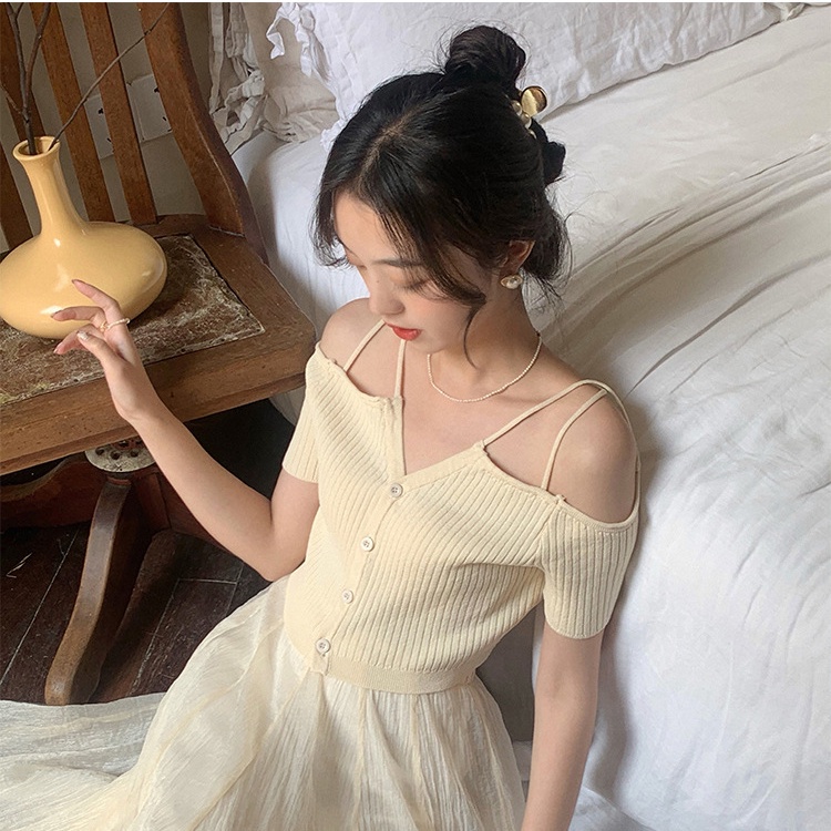 SUXI Áo Dệt Kim Tay Ngắn Trễ Vai Dáng Ôm Phong Cách Hàn Quốc Quyến Rũ Cho Nữ