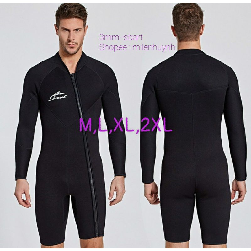 Đồ bơi giữ nhiệt cho nam dày 3mm liền thân, tay dài quần ngắn giữ ấm cản gió, dây kéo trước, wetsuit, đồ lặn nam
