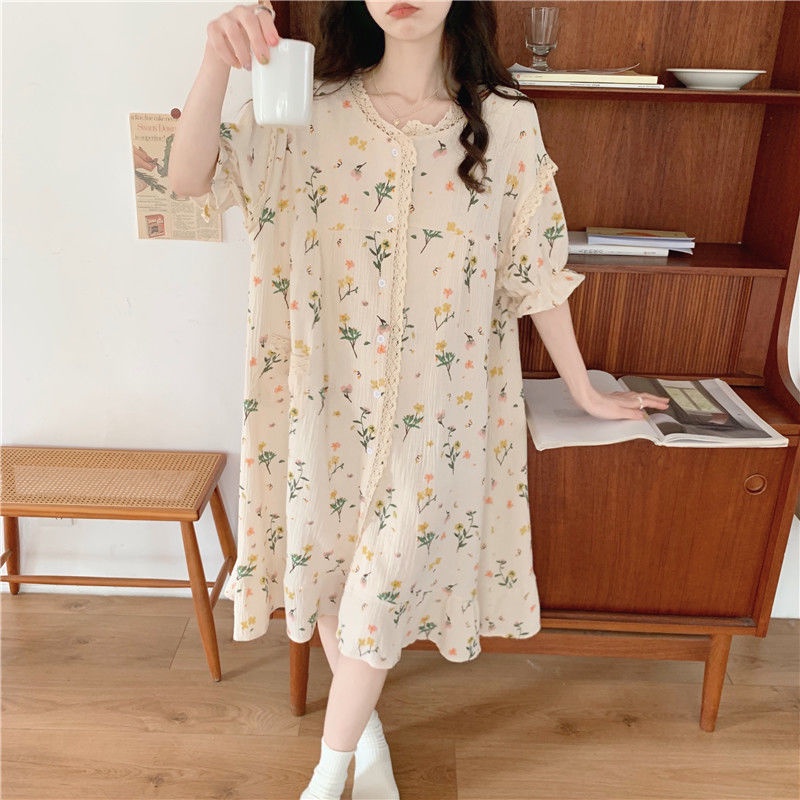 Đầm Ngủ Tay Ngắn Dáng Dài Rộng In Họa Tiết Hoa Thời Trang Mùa Hè Phong Cách Hàn Quốc Cho Nữ