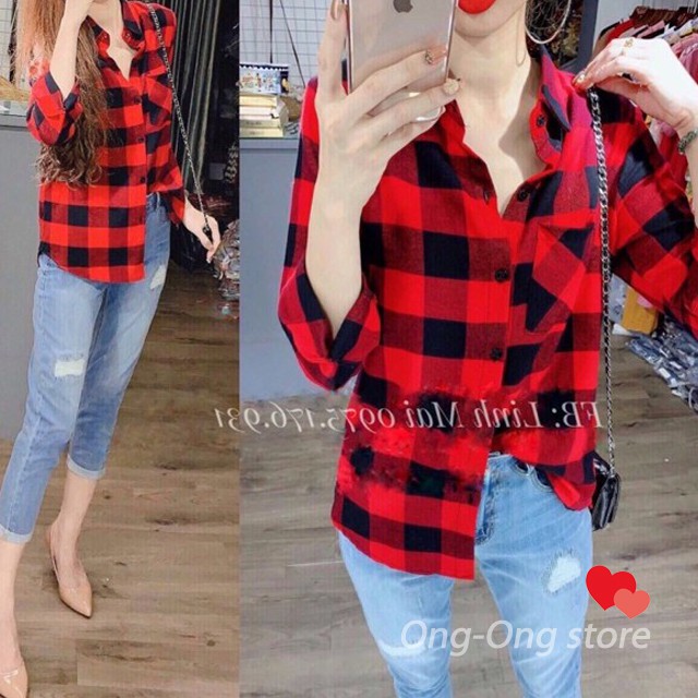 Áo sơmi nữ 💕[Ong-Ong store]💕 Sơ mi nữ kẻ caro đỏ đen cá tính