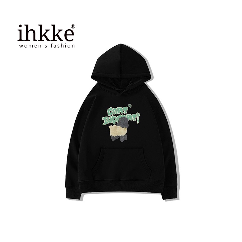 Áo hoodie Ihkke màu đen phong cách retro thời trang cho nữ
