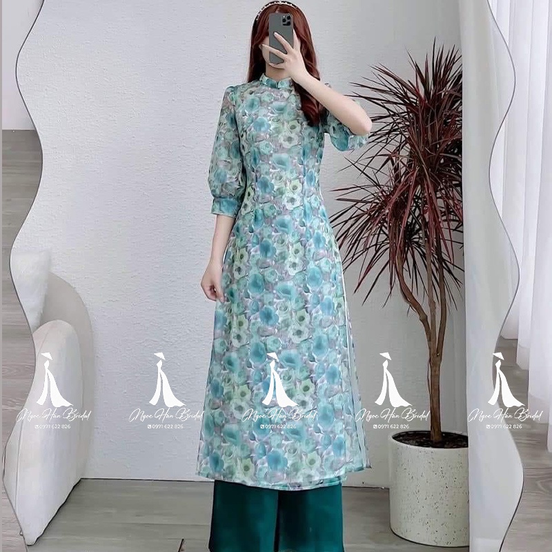 Áo Dài Cách Tân Nữ Voan Hoa Xanh Tay Bồng TK15